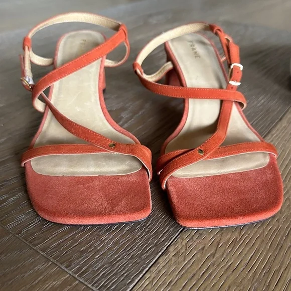 FRAME Le Braxton Strappy Block Heel Sandal Orange Suede Size 5.5 NEW - Picture 4 of 11